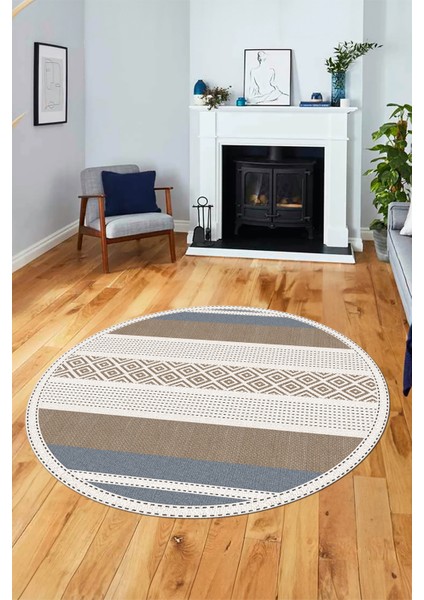 Modern Kilim Desenli Dijital Kaymaz Yıkanabilir Yuvarlak Mutfak Salon Halısı Y-Modern-18-Kahve indirimleri