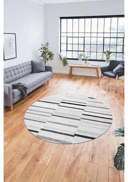 Şık Sade Kilim Desenli Dijital Kaymaz Yıkanabilir Yuvarlak Mutfak Salon Halısı Y-Modern-74-Gri