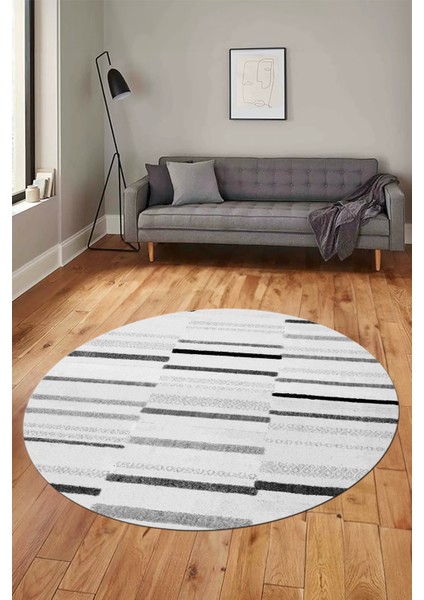 Şık Sade Kilim Desenli Dijital Kaymaz Yıkanabilir Yuvarlak Mutfak Salon Halısı Y-Modern-74-Gri