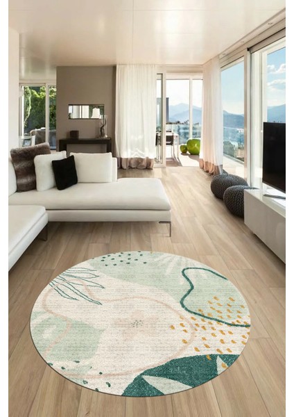 Yaprak Desen Modern Tasarım Kaymaz Yıkanabilir Yuvarlak Mutfak Salon Halısı Y-Modern-79-Renkli