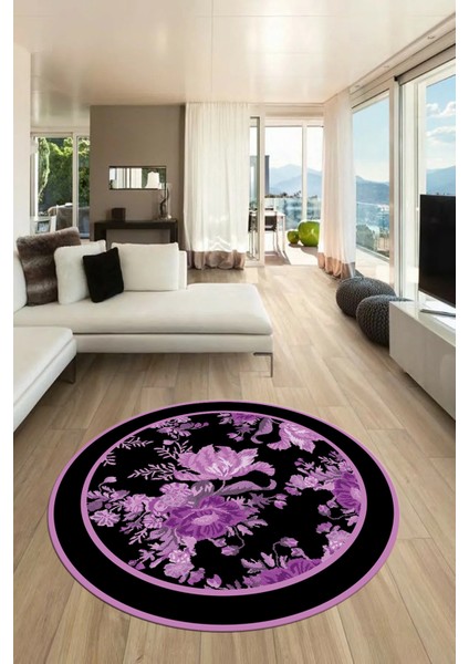 Çiçek Desenli Dijital Kaymaz Yıkanabilir Yuvarlak Mutfak Salon Halısı Y-Modern-16-Mor