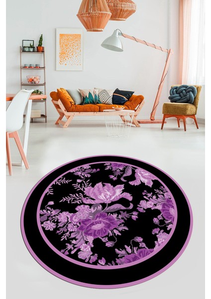 Çiçek Desenli Dijital Kaymaz Yıkanabilir Yuvarlak Mutfak Salon Halısı Y-Modern-16-Mor modelleri