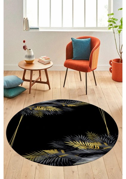 Modern Yaprak Desen Dijital Kaymaz Yıkanabilir Yuvarlak Mutfak Salon Halısı Y-Modern-26-Gold