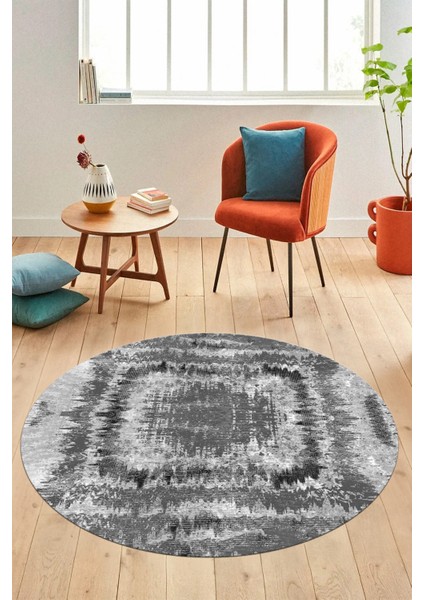 Modern Sade Desen Dijital Kaymaz Yıkanabilir Yuvarlak Mutfak Salon Halısı Y-Modern-37-Gri