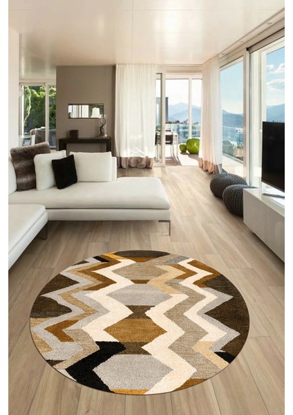 Etnik Modern Desen Dijital Kaymaz Yıkanabilir Yuvarlak Mutfak Salon Halısı Y-Modern-24-Kahve
