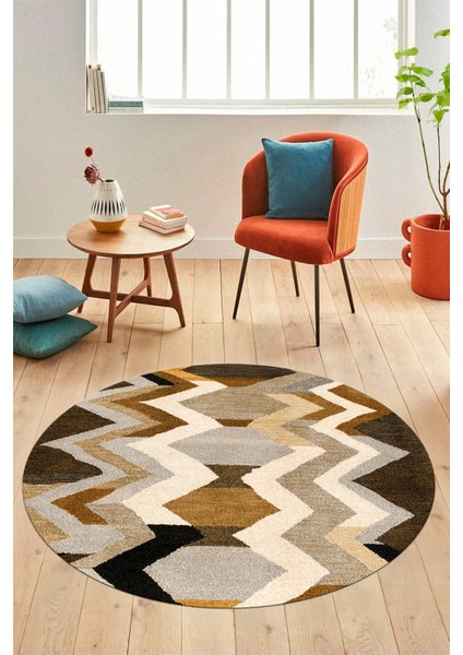 Etnik Modern Desen Dijital Kaymaz Yıkanabilir Yuvarlak Mutfak Salon Halısı Y-Modern-24-Kahve fiyatları
