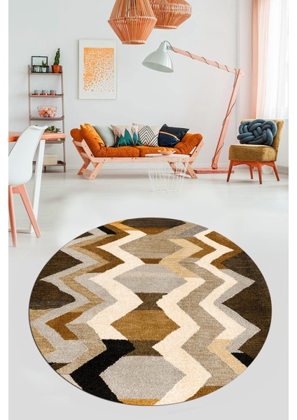 Etnik Modern Desen Dijital Kaymaz Yıkanabilir Yuvarlak Mutfak Salon Halısı Y-Modern-24-Kahve modelleri
