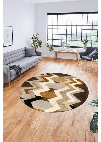 Etnik Modern Desen Dijital Kaymaz Yıkanabilir Yuvarlak Mutfak Salon Halısı Y-Modern-24-Kahve fırsatları