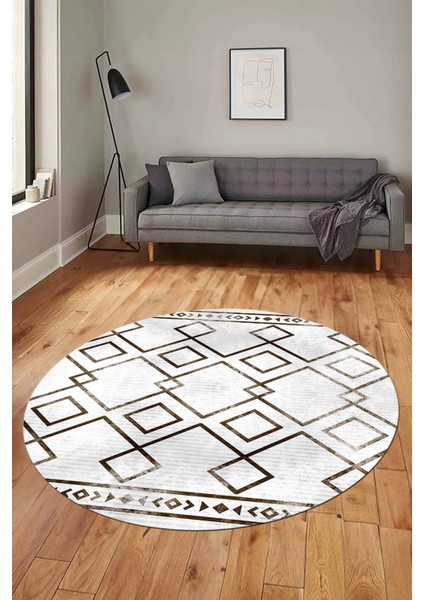 Modern Sade Desen Dijital Kaymaz Yıkanabilir Yuvarlak Mutfak Salon Halısı Y-Modern-91-Kahve