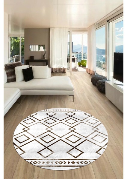 Modern Sade Desen Dijital Kaymaz Yıkanabilir Yuvarlak Mutfak Salon Halısı Y-Modern-91-Kahve