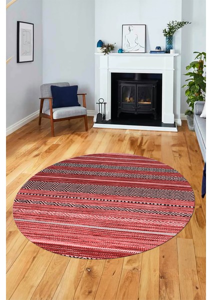 Modern Kilim Desenli Dijital Kaymaz Yıkanabilir Yuvarlak Mutfak Salon Halısı Y-Modern-17-Pembe indirimleri