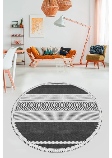 Modern Kilim Desenli Dijital Kaymaz Yıkanabilir Yuvarlak Mutfak Salon Halısı Y-Modern-18-Gri modelleri