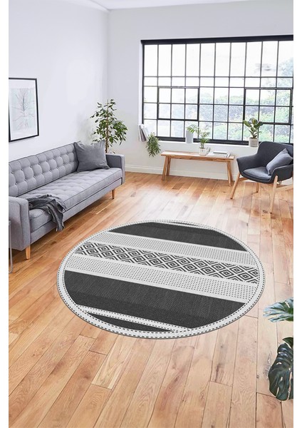 Modern Kilim Desenli Dijital Kaymaz Yıkanabilir Yuvarlak Mutfak Salon Halısı Y-Modern-18-Gri fırsatları
