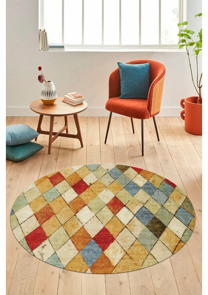 Baklava Desenli Dijital Kaymaz Yıkanabilir Yuvarlak Mutfak Salon Halısı Y-Modern-31-Renkli