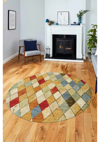 Baklava Desenli Dijital Kaymaz Yıkanabilir Yuvarlak Mutfak Salon Halısı Y-Modern-31-Renkli fırsatları