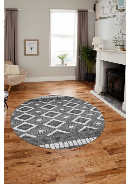 3D Dijital Kaymaz Yıkanabilir Şık Kilim Desen Yuvarlak Mutfak Halısı Salon Halısı Y-Modern-69-Gri