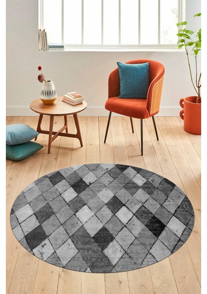 Baklava Desenli Dijital Kaymaz Yıkanabilir Yuvarlak Mutfak Salon Halısı Y-Modern-31-Gri
