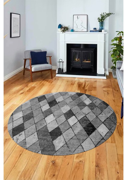 Baklava Desenli Dijital Kaymaz Yıkanabilir Yuvarlak Mutfak Salon Halısı Y-Modern-31-Gri fırsatları