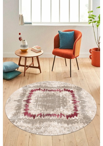 Modern Sade Desen Dijital Kaymaz Yıkanabilir Yuvarlak Mutfak Salon Halısı Y-Modern-37-Bordo