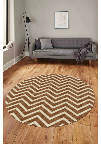Zikzak Desen Baskılı Kaymaz Taban Yıkanabilir Modern Yuvarlak Salon Halısı Y-MODERN-102-KAHVE