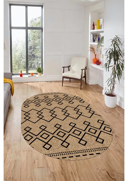 Sade Desen Özel Tasarım Dijital Kaymaz Yıkanabilir Oval Yolluk Salon Halısı O-Modern-87-Krem fiyatları