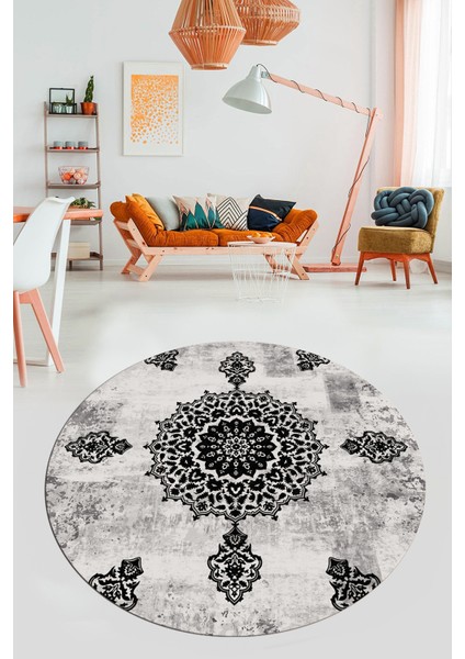 Baskılı Kaymaz Yıkanabilir Yuvarlak Mutfak Halısı Salon Halısı Y-Modern-45-Siyah