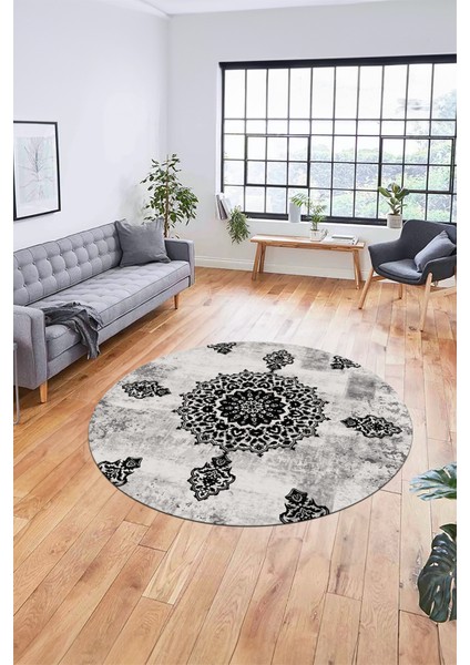 Baskılı Kaymaz Yıkanabilir Yuvarlak Mutfak Halısı Salon Halısı Y-Modern-45-Siyah
