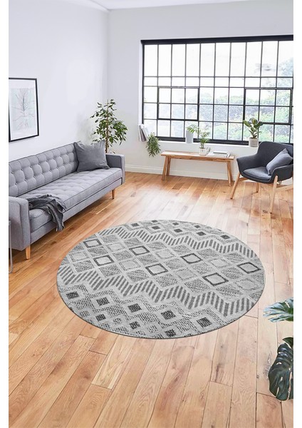 Baskılı Kaymaz Yıkanabilir Şık Kilim Desen Yuvarlak Mutfak Halısı Salon Halısı Y-Modern-67-Gri