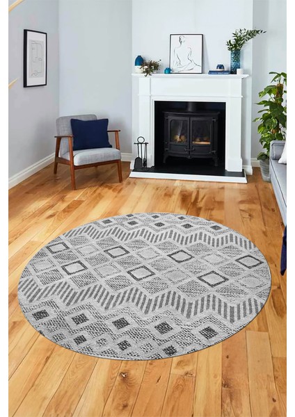 Baskılı Kaymaz Yıkanabilir Şık Kilim Desen Yuvarlak Mutfak Halısı Salon Halısı Y-Modern-67-Gri
