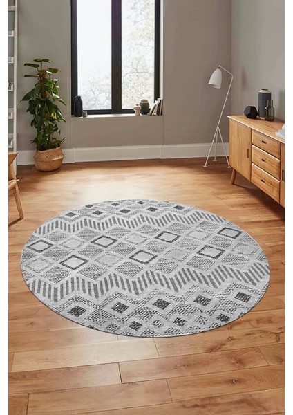 Baskılı Kaymaz Yıkanabilir Şık Kilim Desen Yuvarlak Mutfak Halısı Salon Halısı Y-Modern-67-Gri