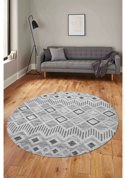Baskılı Kaymaz Yıkanabilir Şık Kilim Desen Yuvarlak Mutfak Halısı Salon Halısı Y-Modern-67-Gri