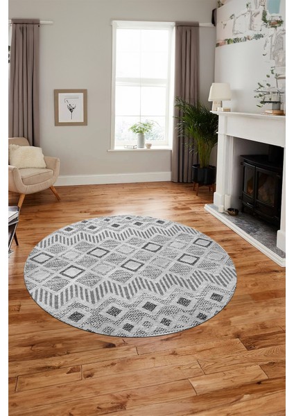 Baskılı Kaymaz Yıkanabilir Şık Kilim Desen Yuvarlak Mutfak Halısı Salon Halısı Y-Modern-67-Gri