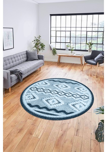 3D Kaymaz Yıkanabilir Şık Kilim Desen Yuvarlak Mutfak Halısı Salon Halısı Y-Modern-68-Mavi