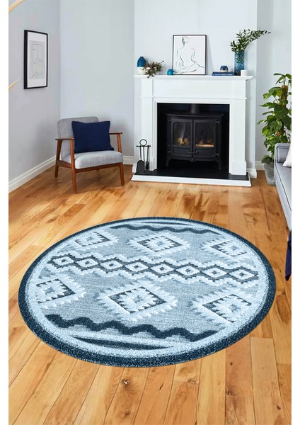 3D Kaymaz Yıkanabilir Şık Kilim Desen Yuvarlak Mutfak Halısı Salon Halısı Y-Modern-68-Mavi fiyatları