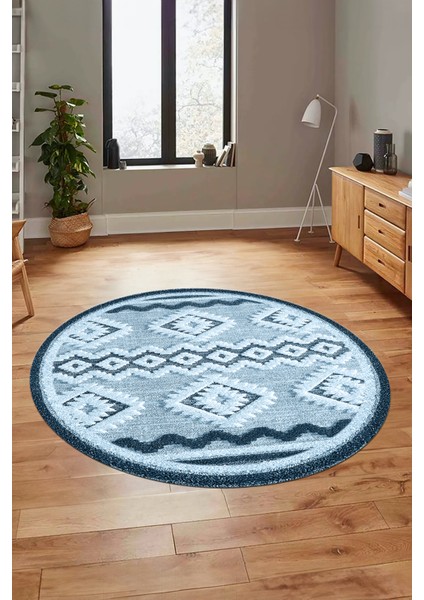 3D Kaymaz Yıkanabilir Şık Kilim Desen Yuvarlak Mutfak Halısı Salon Halısı Y-Modern-68-Mavi modelleri