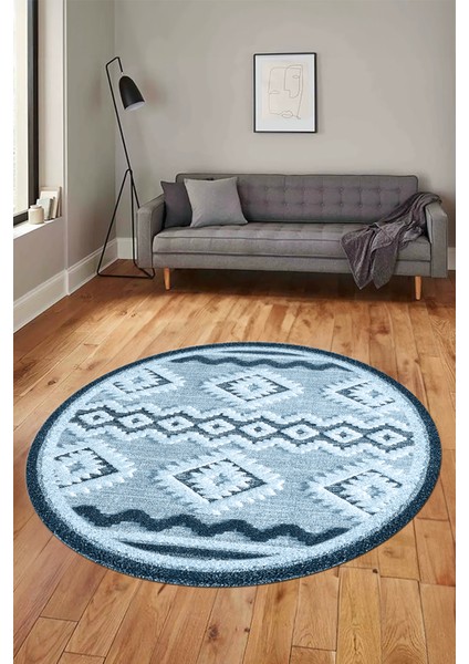 3D Kaymaz Yıkanabilir Şık Kilim Desen Yuvarlak Mutfak Halısı Salon Halısı Y-Modern-68-Mavi fırsatları