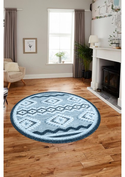 3D Kaymaz Yıkanabilir Şık Kilim Desen Yuvarlak Mutfak Halısı Salon Halısı Y-Modern-68-Mavi indirimleri