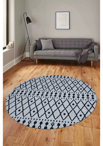 3D Kilim Desen Özel Tasarım Kaymaz Yıkanabilir Yuvarlak Mutfak Salon Halısı Y-Modern-84-Lacivert