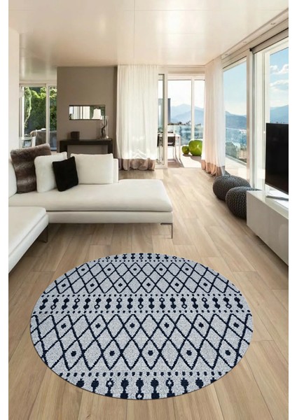 3D Kilim Desen Özel Tasarım Kaymaz Yıkanabilir Yuvarlak Mutfak Salon Halısı Y-Modern-84-Lacivert