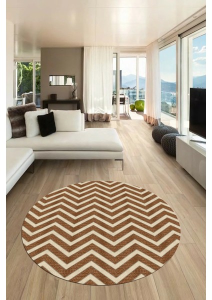 Zikzak Desen Baskılı Kaymaz Taban Yıkanabilir Modern Yuvarlak Salon Halısı Y-MODERN-102-KAHVE