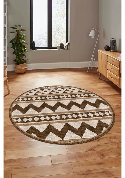 Kilim Desen Baskılı Kaymaz Taban Yıkanabilir Modern Yuvarlak Salon Halısı Y-MODERN-105-KAHVE