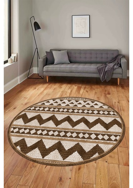 Kilim Desen Baskılı Kaymaz Taban Yıkanabilir Modern Yuvarlak Salon Halısı Y-MODERN-105-KAHVE