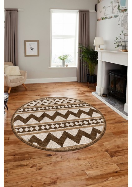 Kilim Desen Baskılı Kaymaz Taban Yıkanabilir Modern Yuvarlak Salon Halısı Y-MODERN-105-KAHVE