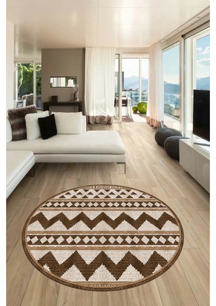 Kilim Desen Baskılı Kaymaz Taban Yıkanabilir Modern Yuvarlak Salon Halısı Y-MODERN-105-KAHVE