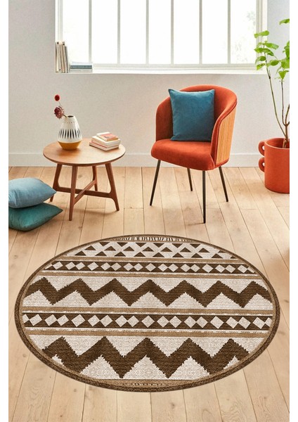 Kilim Desen Baskılı Kaymaz Taban Yıkanabilir Modern Yuvarlak Salon Halısı Y-MODERN-105-KAHVE