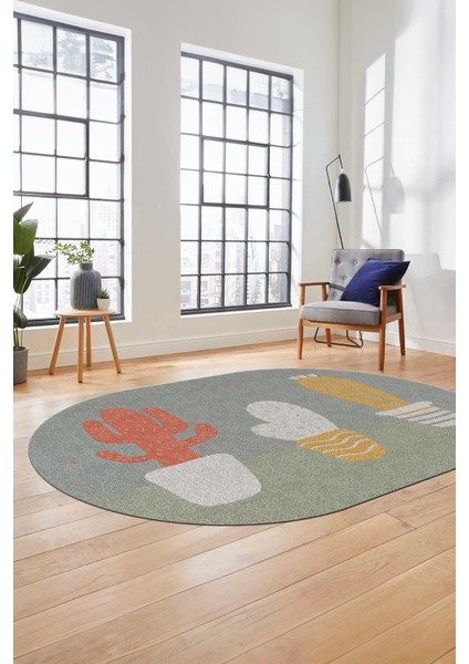 Kaktüs Desen Baskılı Kaymaz Taban Yıkanabilir Modern Oval Yolluk Salon Halısı O-MODERN-106-VİZON modelleri