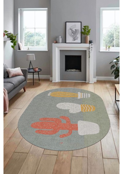 Kaktüs Desen Baskılı Kaymaz Taban Yıkanabilir Modern Oval Yolluk Salon Halısı O-MODERN-106-VİZON fırsatları