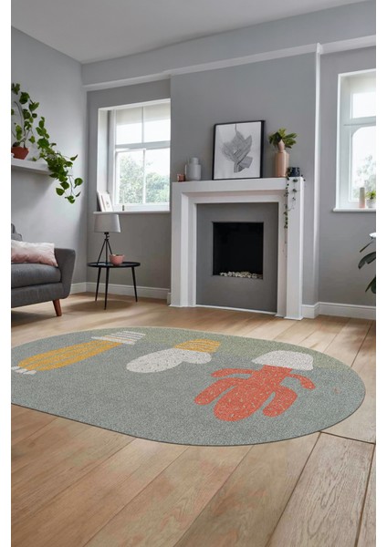 Kaktüs Desen Baskılı Kaymaz Taban Yıkanabilir Modern Oval Yolluk Salon Halısı O-MODERN-106-VİZON indirimleri