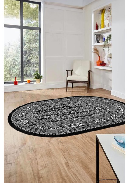 Etnik Desen Baskılı Kaymaz Taban Yıkanabilir Modern Oval Yolluk Salon Halısı O-MODERN-113-ANTRASİT