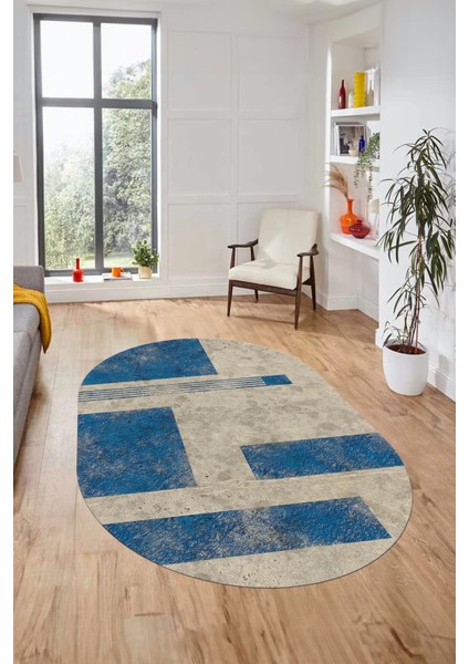 Baskılı Kaymaz Taban Yıkanabilir Modern Oval Yolluk Mutfak Salon Halısı O-Modern-93-Mavi